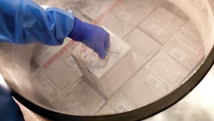 a gloved hand lifts a frozen sample from one of the biorepository's cylinders