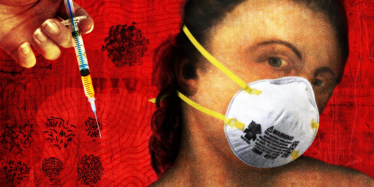 illustration of a masked woman against a red background with drawings of viruses, baceteria, and mosquitoes; a hand with a vaccine is poised above her shoulder