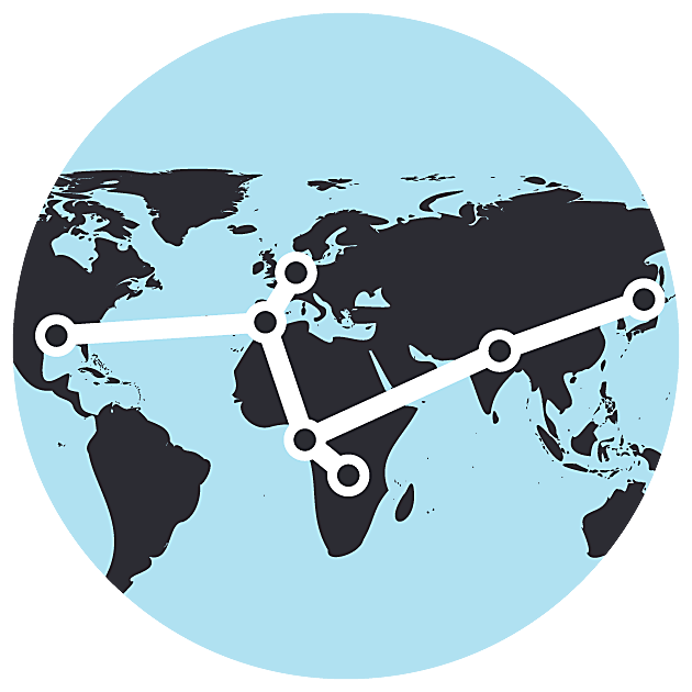 Illustration of a world map as a globe with connected nodes on top.