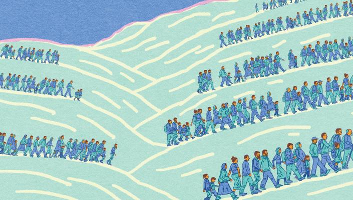Illustration of crowds of people making their way over mountains