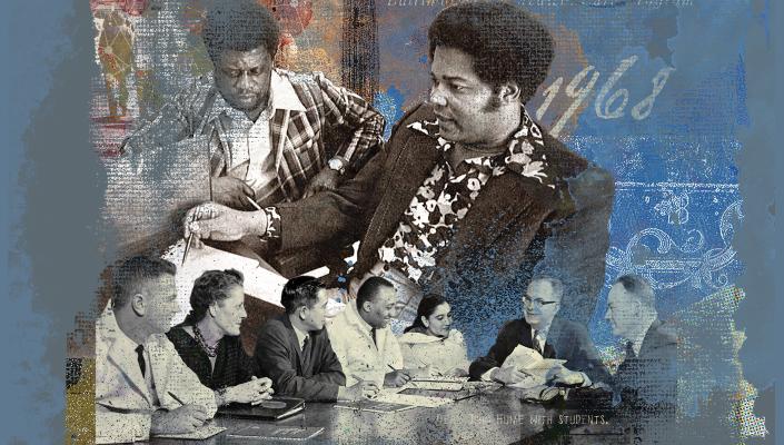 photo illustration featuring historical photos of school faculty