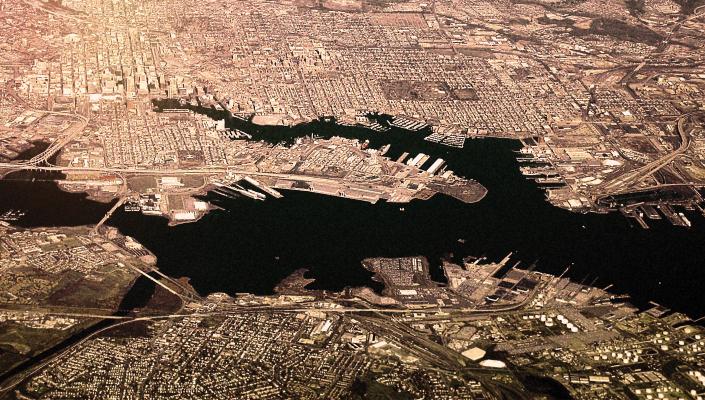An aerial shot of the city of Baltimore.