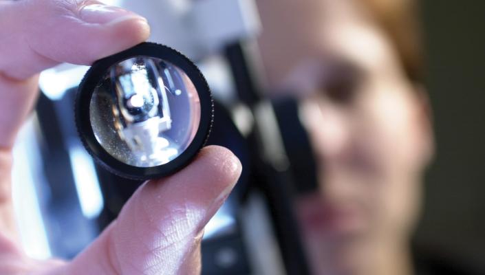a close-up view of a refractory lens used during eye exams