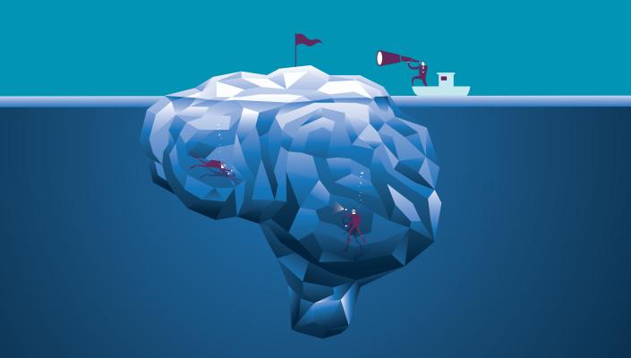 Illustration of scuba divers swimming around a giant brain
