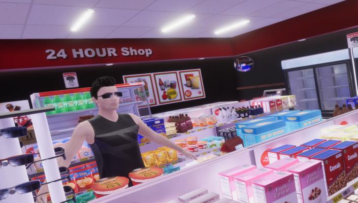 A graphic simulation of a. convenience store. A man wearing sunglasses stands at the counter.