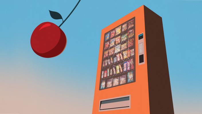 Cherry swinging in front of a vending machine