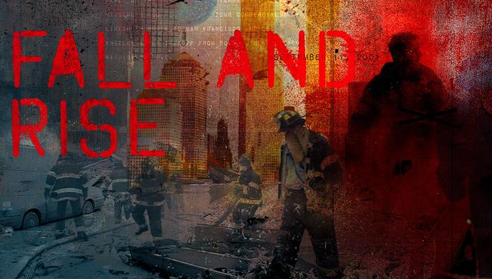 illustration of a New York street in 9/11's aftermath; firefighters search debris; text on the image reads Fall and Rise