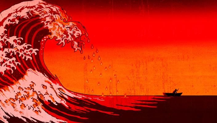 a red wave curls over a man rowing a rowboat