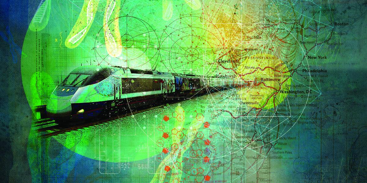 illustration of an Acela train against a background of a map that gradually becomes a medical diagram