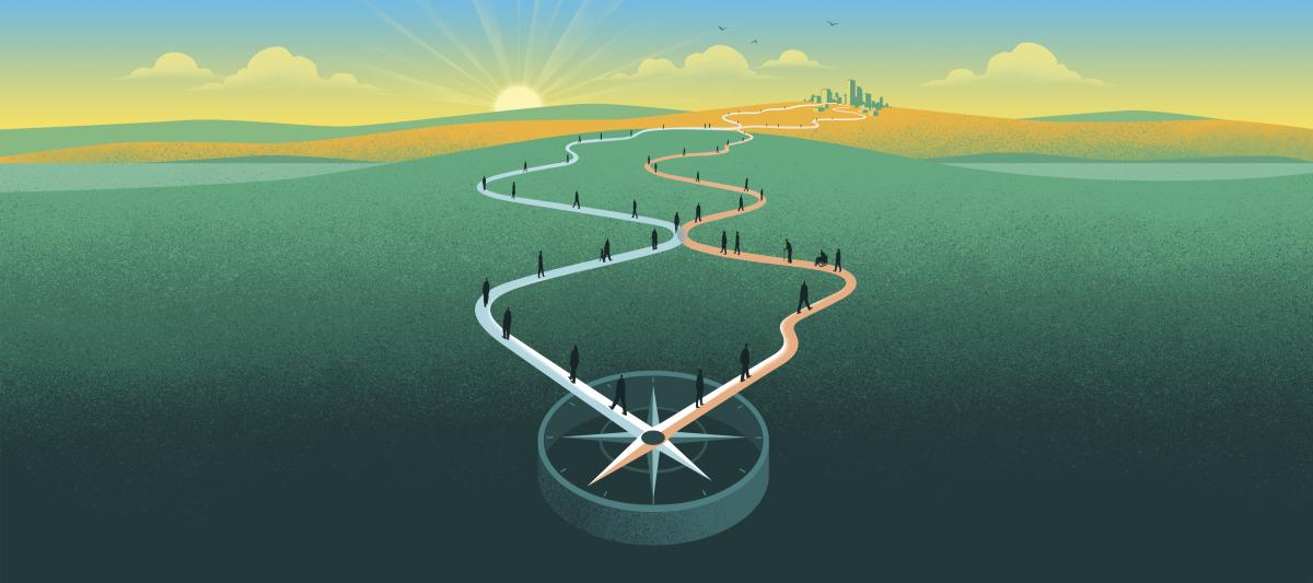 An illustration of a compass on the ground creating paths towards a city. 