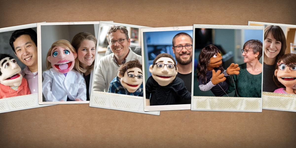 Collage of researchers and their felt dummies