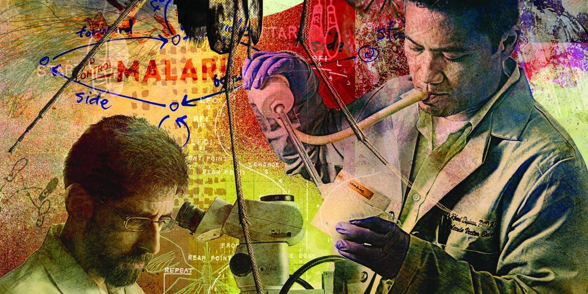 photo illustration of scientists, mosquitoes, and lab equipment