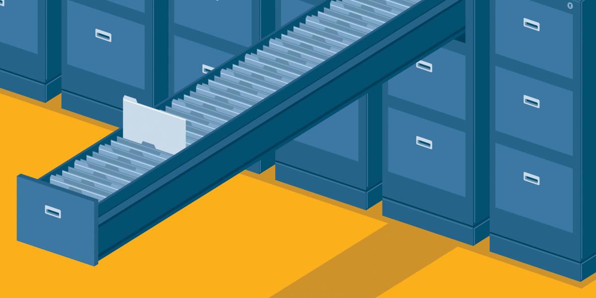 An illustration of a filing cabinet with one very long drawer open.