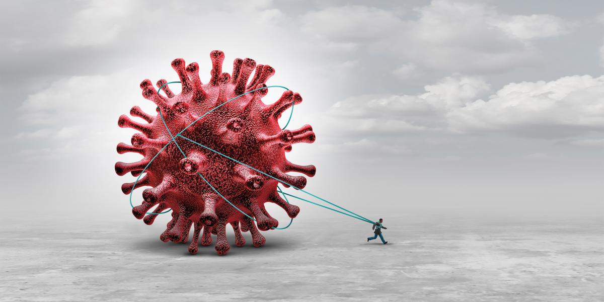 An illustration of a person pulls a giant SARS-CoV-2 virus behind them like a weight.