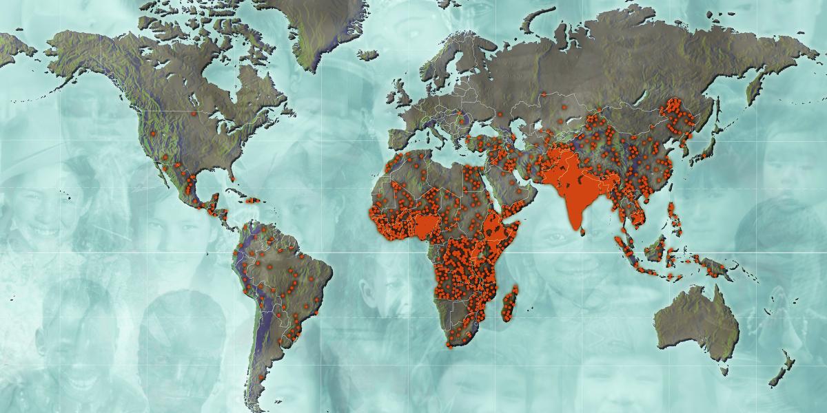 a map with dots in red showing where 5,000+ child deaths occure