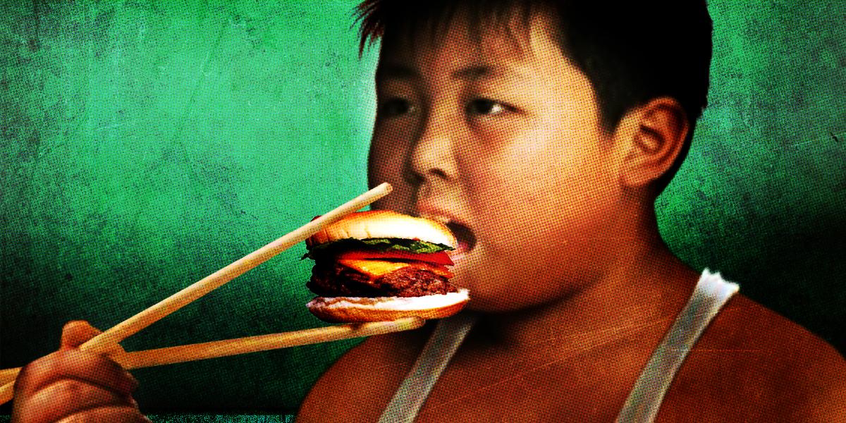 illustration of a young Asian boy eating a burger with chopsticks