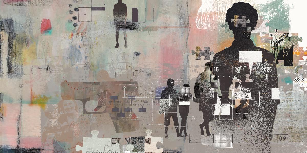 A photocollage of images, including silhouetted figures, firearms, puzzle pieces, fragments of photographs and words, and paintlike textures.