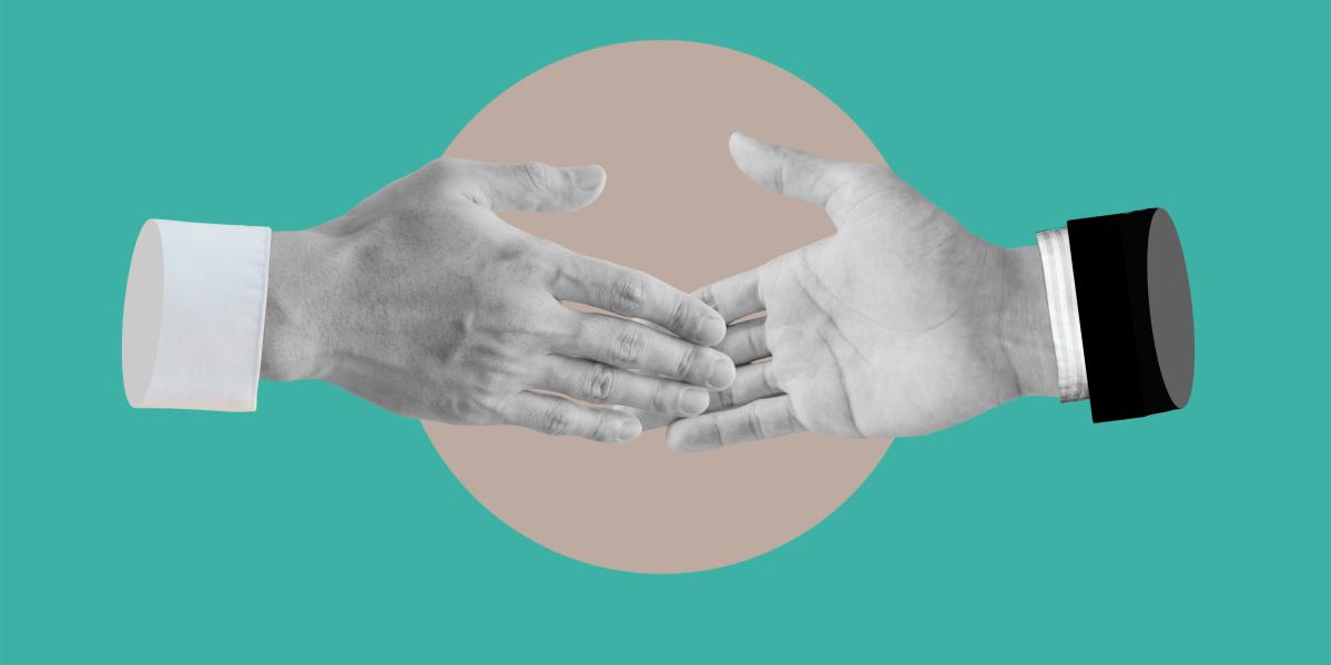 An illustration of two hands reaching out for a handshake.