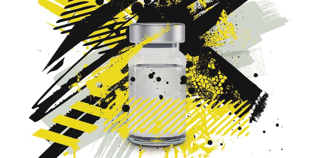 illustration of a glass drug vial with yellow and black paint streaks