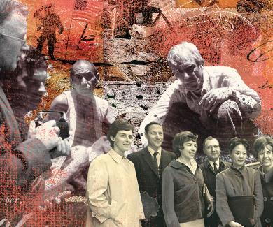 photo illustration featuring historical images of school faculty