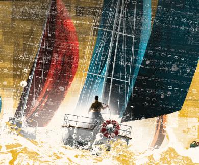 A figure steers a sailboat through an ocean of binary code.