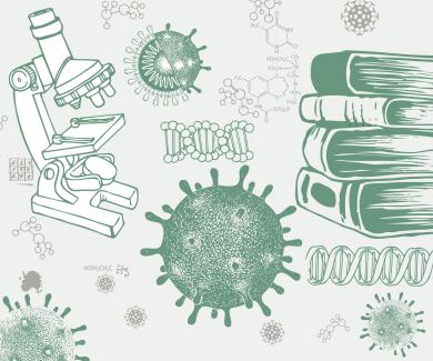 Illustration of coronavirus, microscope, DNA, books