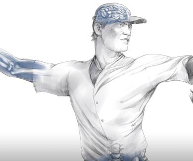 Illustration of a baseball player with his arm extended to throw the ball