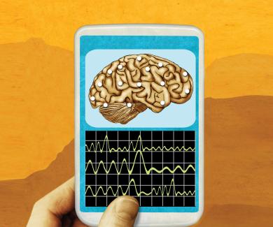 illustration of a mobile phone with a brain on which electrodes are placed; beneath, a series of waves reflects brain activity