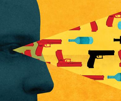 illustration of face in silhouette; the field of vision is portrayed as a beam, which is filled with guns, syringes, and bottles