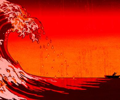 a red wave curls over a man rowing a rowboat