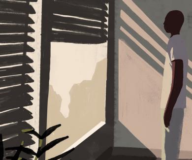 stylized illustration of black man staring out a window