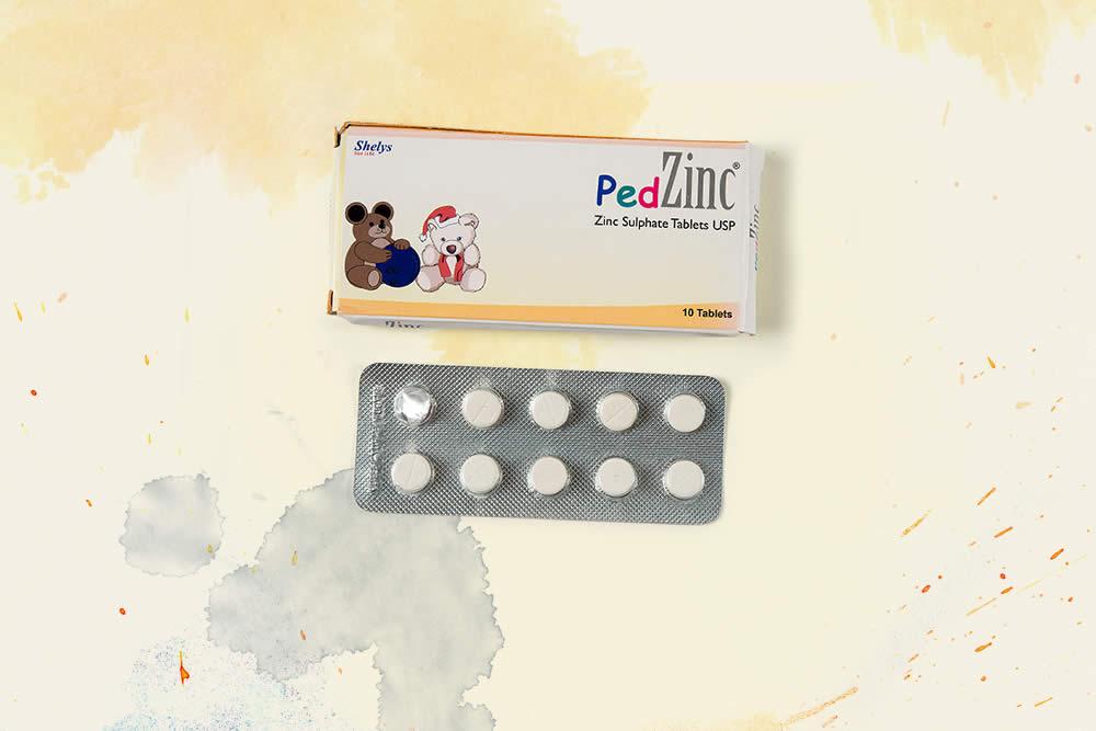 a packet of pedZinc tablets; one of the 10 pills has been removed from the foil packet