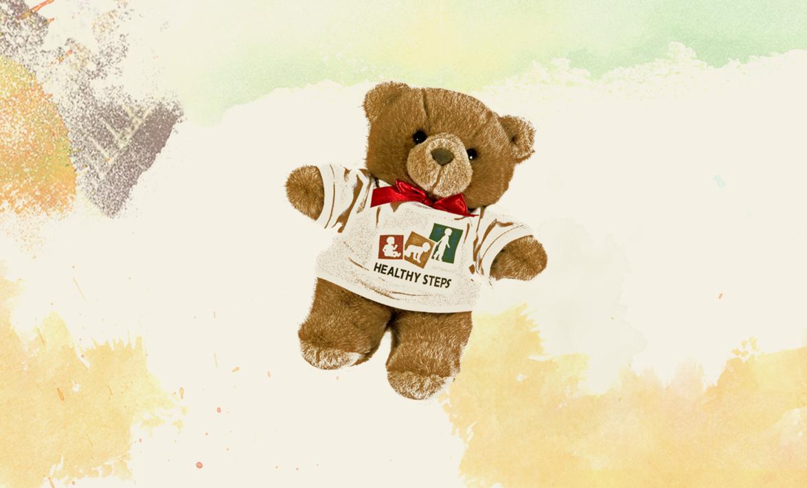 a teddy bear wearing a Healthy Steps t-shirt