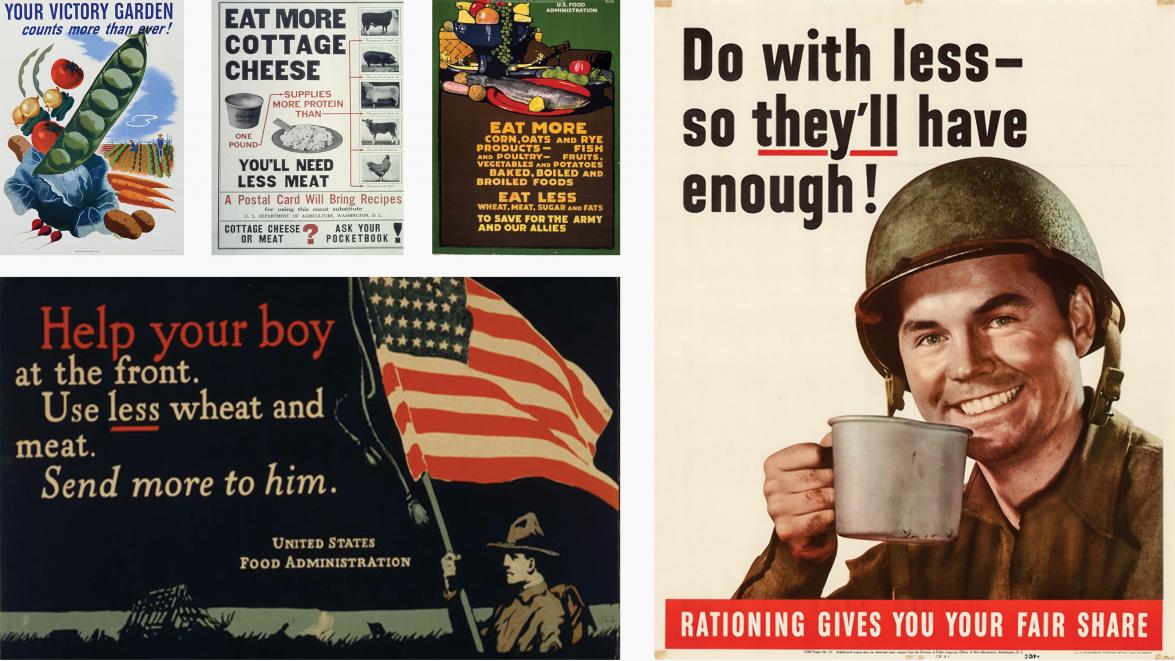 Collection of wartime rationing and victory garden posters.